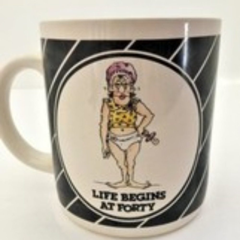1987 Enesco "Over The Hill - Life BEGINS AT FORTY" Vintage Coffee Mug Tea Cup
